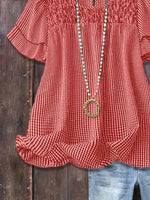 Full Size Gingham Smocked Ruffle Sleeve Blouse Plus Size