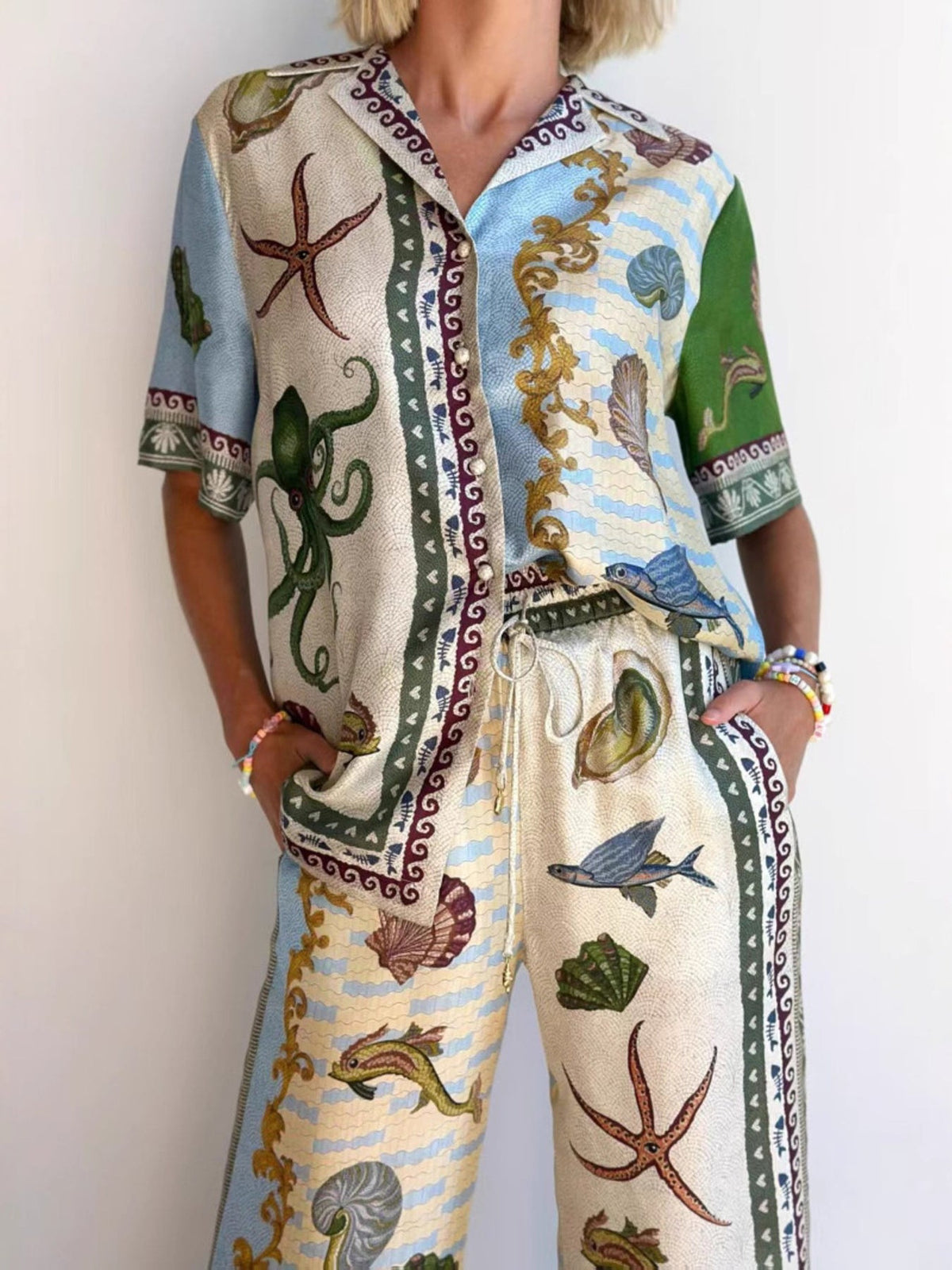 Ocean Print Button-Down Shirt and Wide Leg Pants Set