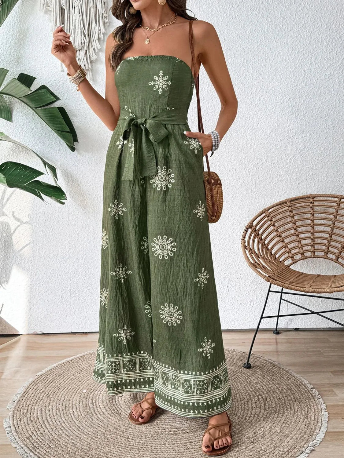 Printed Wide Leg Tube Jumpsuit - Ladyez