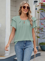 Round Neck Ruffled Layered Sleeve Blouse - Ladyez