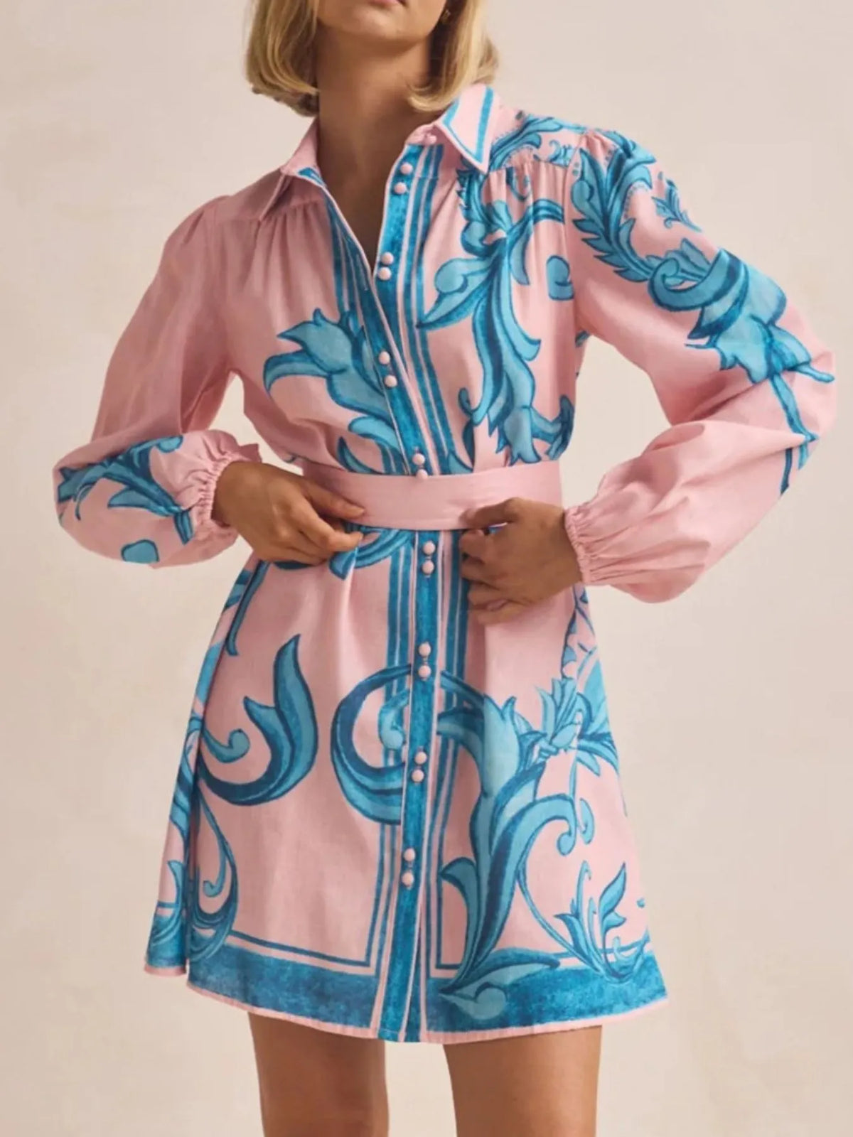 Printed Long Sleeve Shirt Dress