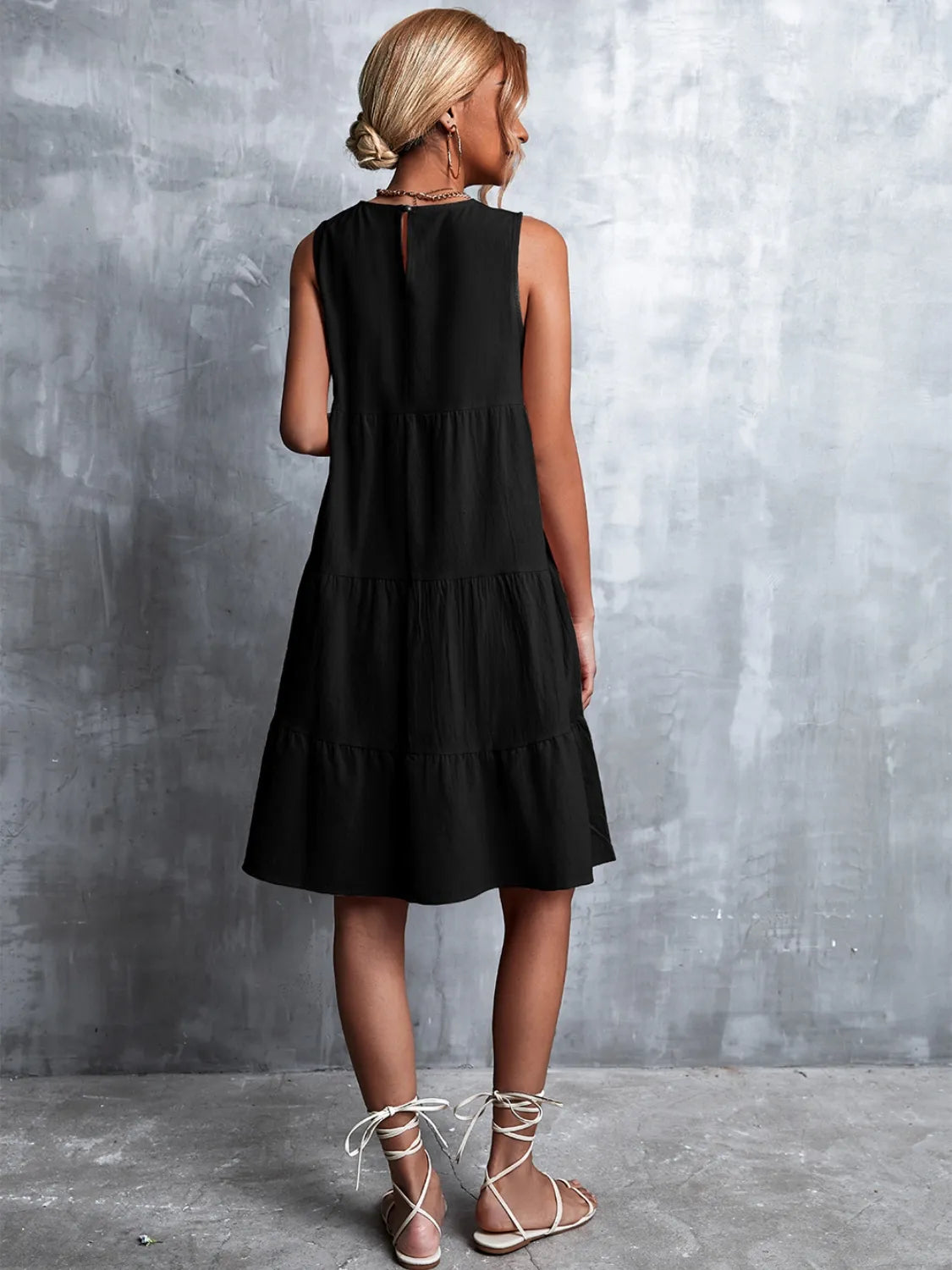 Tiered Round Neck Sleeveless Mini Tank Dress - Ladyez