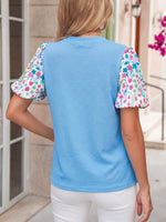 Round Neck Textured Contrast Floral Bubble Sleeve Blouse