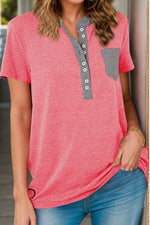 Full Size Half Button Short Sleeve T-Shirt - Ladyez