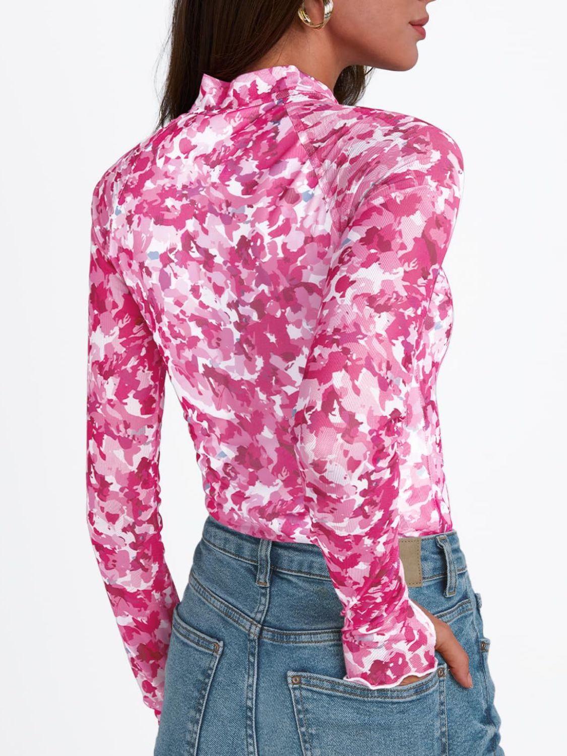 Floral Mock Neck Long Sleeve T-Shirt - Ladyez