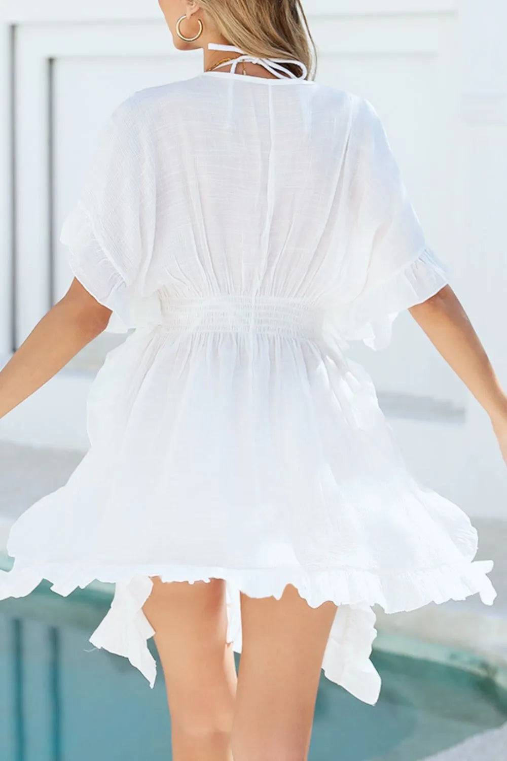 Ruffled Smocked Waist V-Neck Cover-Up - Ladyez