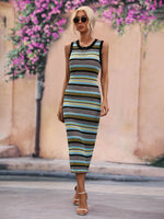 Striped Round Neck Sleeveless Midi Cover Up Dress - Ladyez