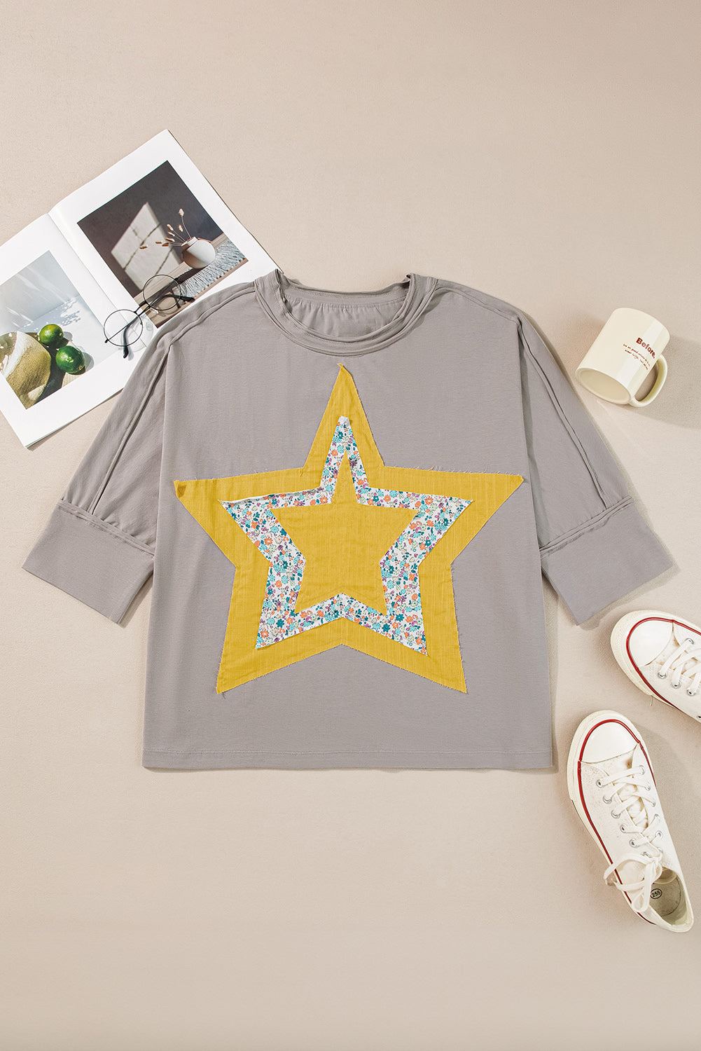 Star Applique Round Neck T-Shirt - Ladyez
