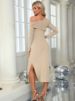 Slit One Shoulder Long Sleeve Dress - Ladyez