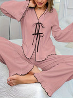 Contrast Trim Bow Tie Shirt and Pants Lounge Set - Ladyez