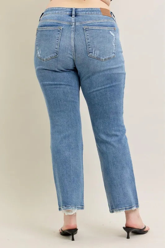 Judy Blue Full Size Mid Rise Wash Destroy Hem Bootcut Jeans Plus Size - Ladyez