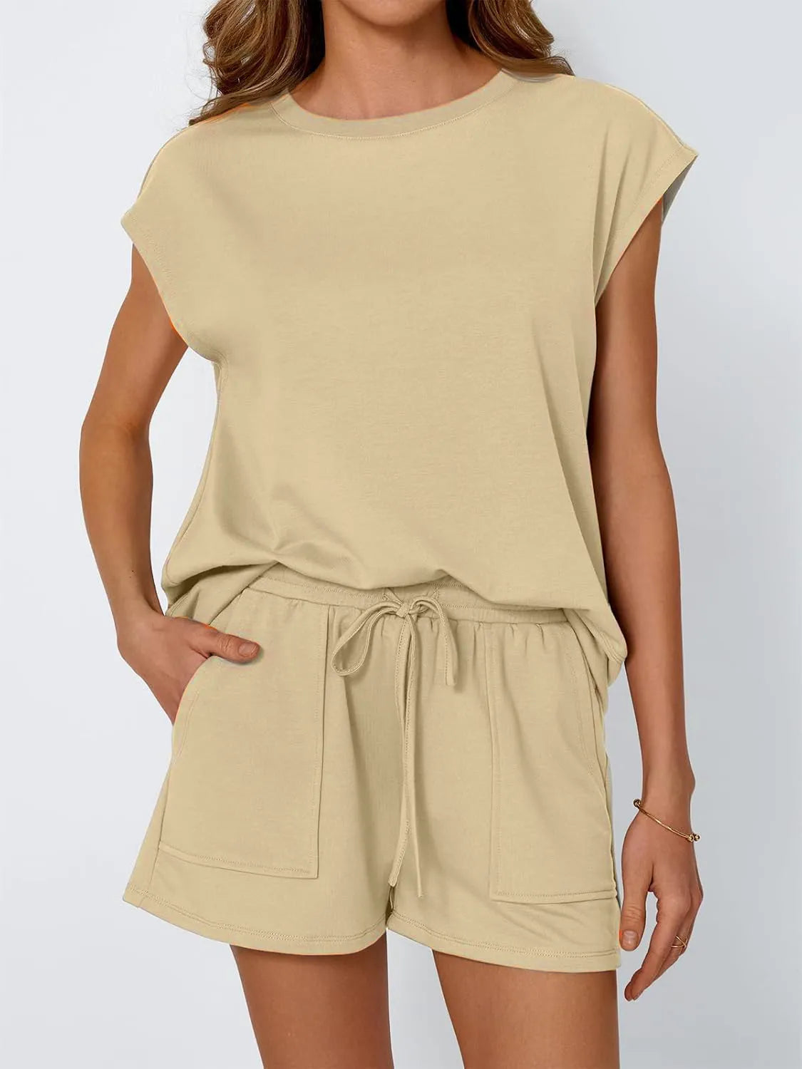 Round Neck Cap Sleeve Top and Shorts Set - Ladyez