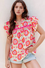 Floral Ruffled Sleeve Ric-Rac Trim Split Neck Loose Blouse