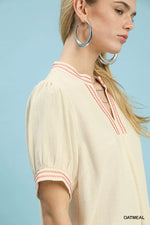 Umgee Embroidery Linen Puff Sleeve Blouse