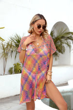 Angel Wings Openwork Contrast Short Sleeve Cover-Up - Ladyez