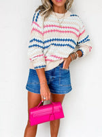 Stripe Eyelet Patterned Drop Shoulder Sweater