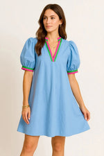 Notched Puff Sleeve Swing Dress
