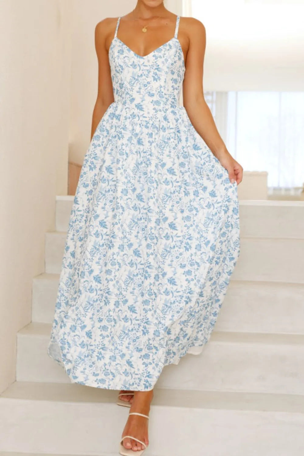 Bow Back Printed V-Neck Cami Dress - Ladyez