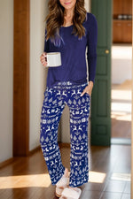Round Neck Long Sleeve Top and Printed Pants Lounge Set - Ladyez