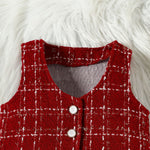 Children's Long Sleeve Top & Plaid Vest & Pleated Skirt Set