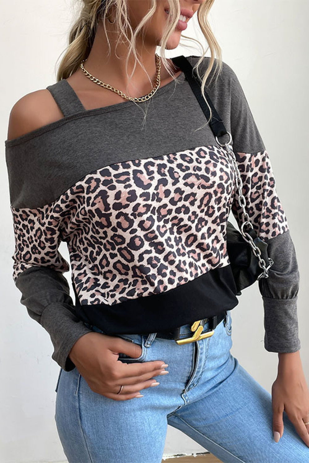 Perfee Leopard Print Color Block ColdShoulder Top