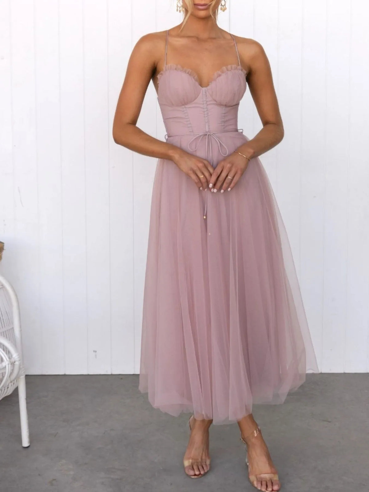 Sweetheart Neck Tulle Midi Dress - Ladyez