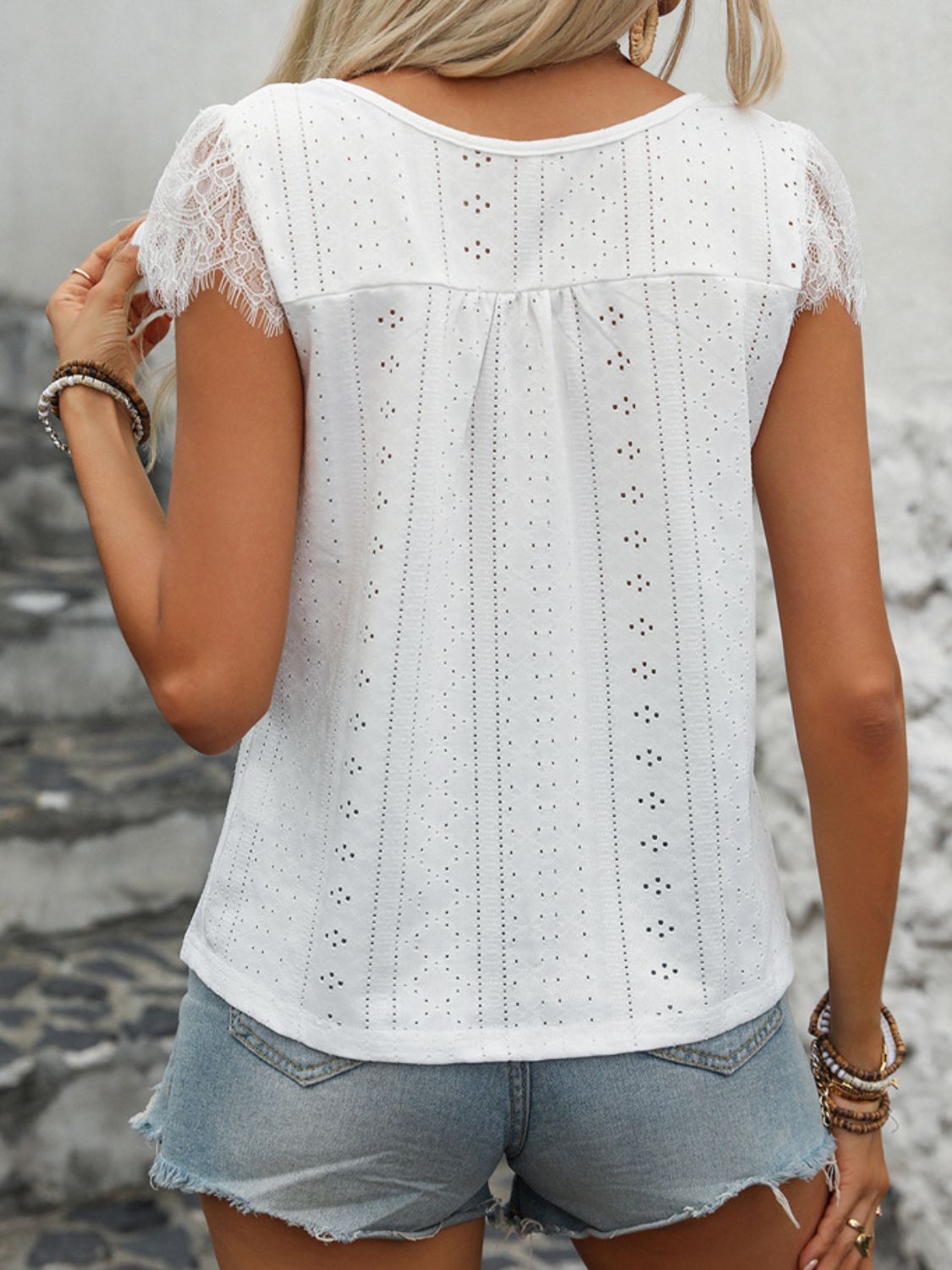 Perfee Eyelet Lace Detail V-Neck Cap Sleeve Top - Ladyez