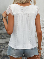 Perfee Eyelet Lace Detail V-Neck Cap Sleeve Top - Ladyez
