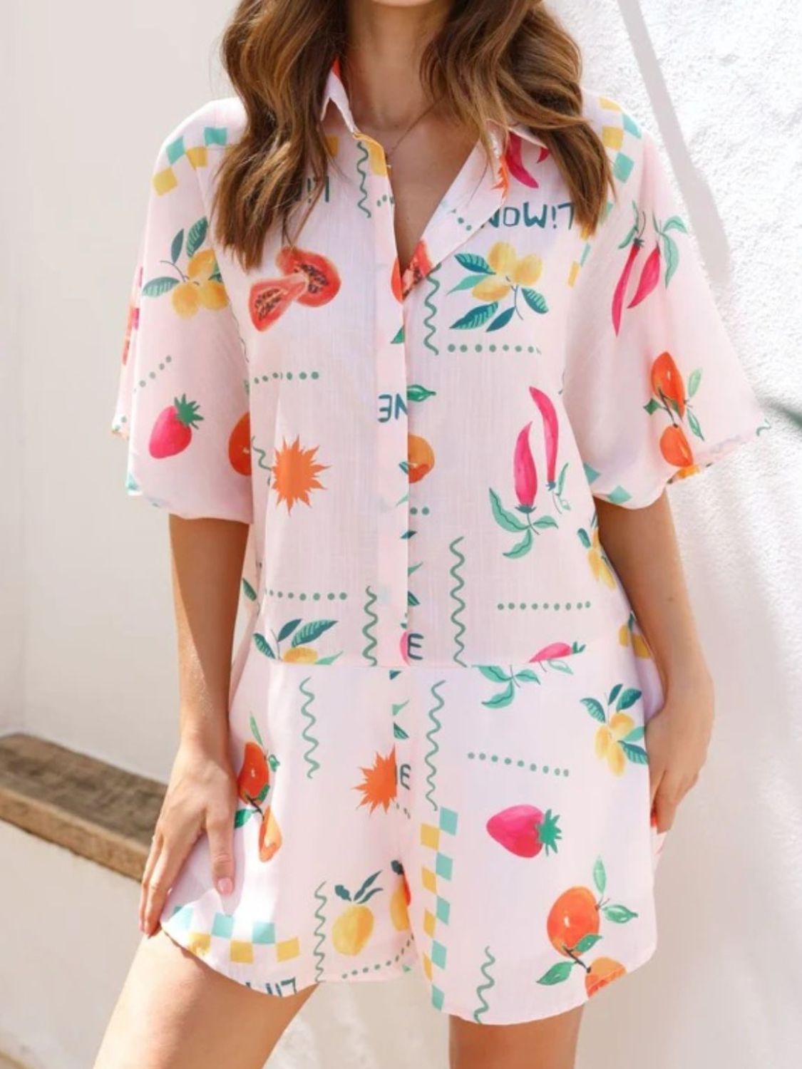Printed Collared Neck Half Sleeve Romper - Ladyez