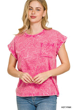 Zenana Full Size Crinkle Washed Round Neck Folded Short Sleeve Tee Plus Size