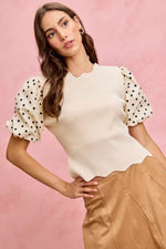 SO ME Polka Dot Contrast Woven Ballon Sleeve Blouse