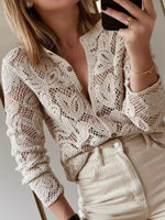 Lace Button-Up Long Sleeve Shirt - Ladyez
