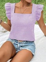 Ruffle Sleeve Gingham Square Neck Top - Ladyez