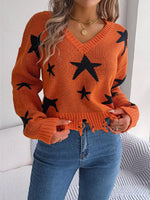 Star Pattern V-Neck Distressed Sweater