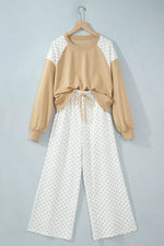 Polka Dot Patchwork Colorblock Long Sleeve Casual Two Piece Pants Set