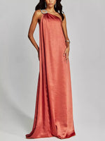 One-Shoulder Rhinestone Satin Maxi Dress