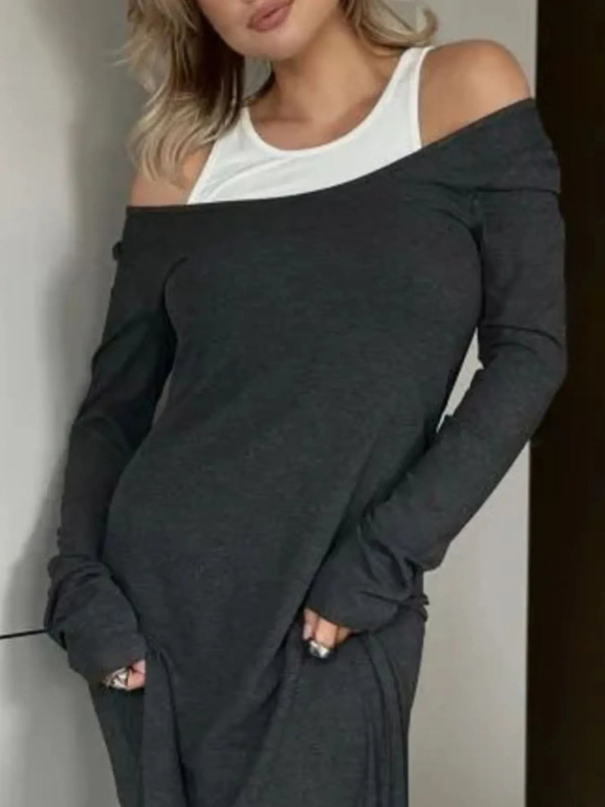 Contrast Long Sleeve Maxi Dress - Ladyez