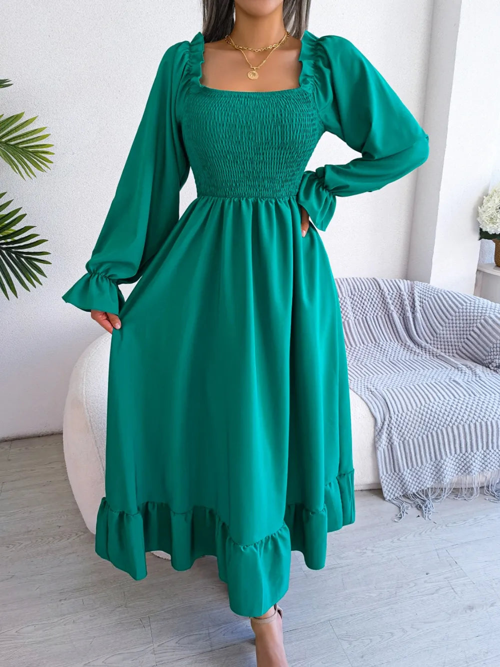 Smocked Square Neck Flounce Sleeve Dress - Ladyez