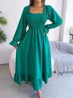 Smocked Square Neck Flounce Sleeve Dress - Ladyez