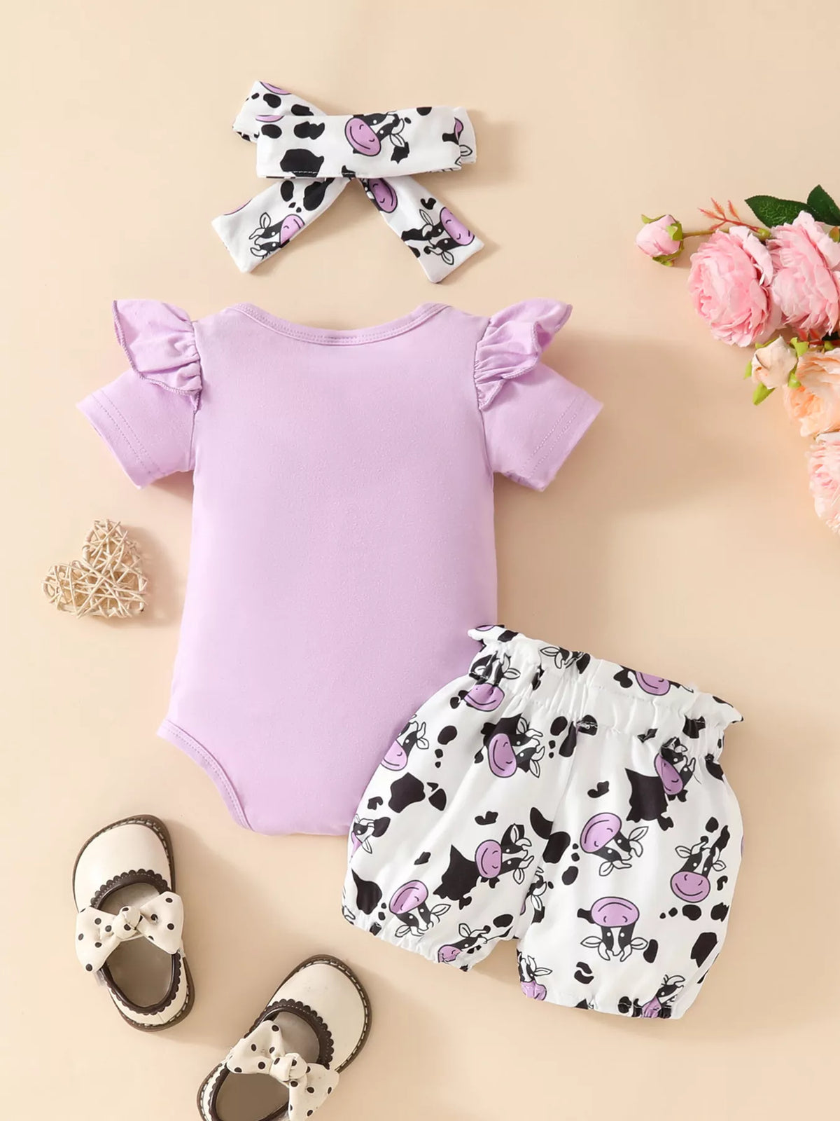 Children's Ruffled Cow Bodysuit and Shorts Set with Headband