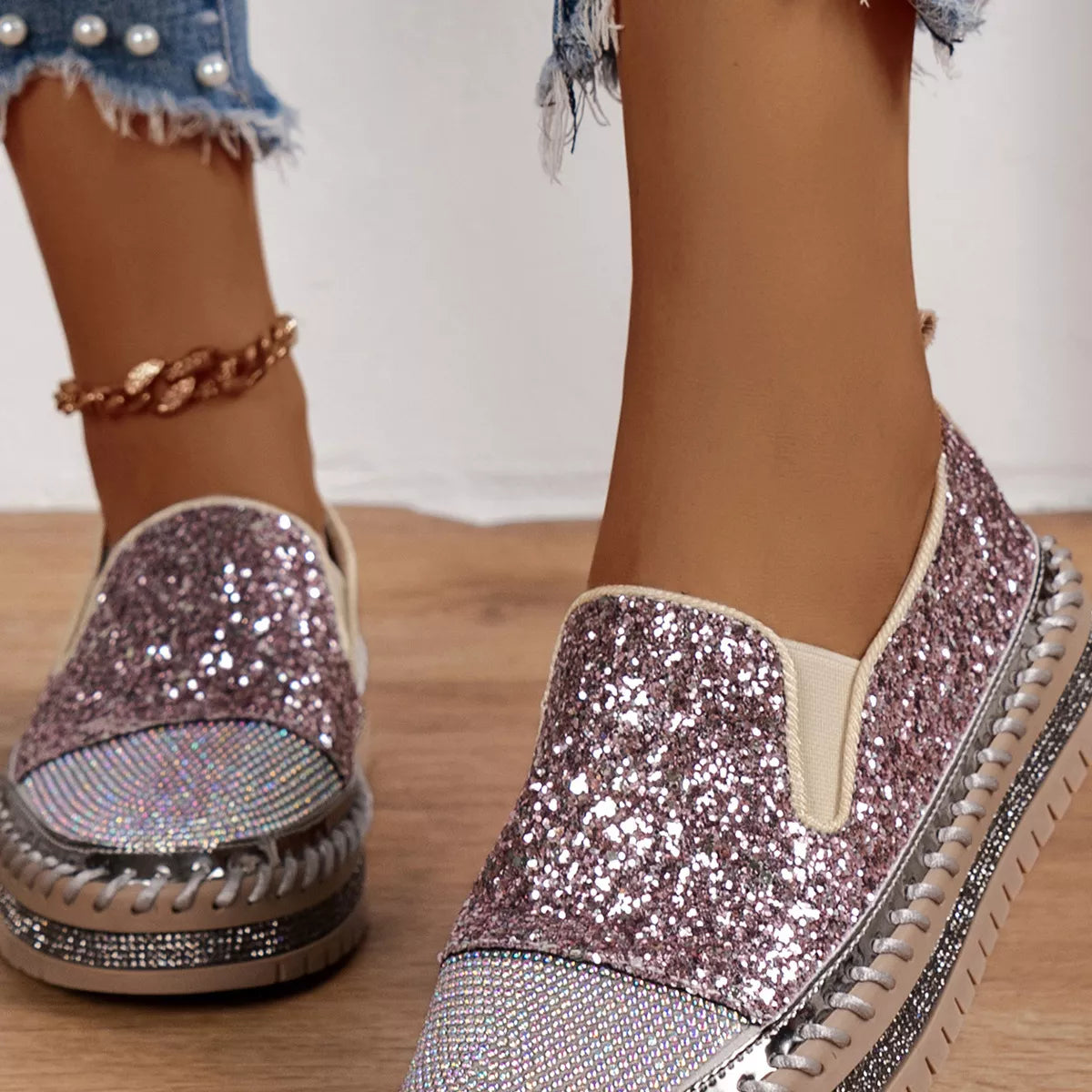 Rhinestone Sequin Round Toe Platform Loafers