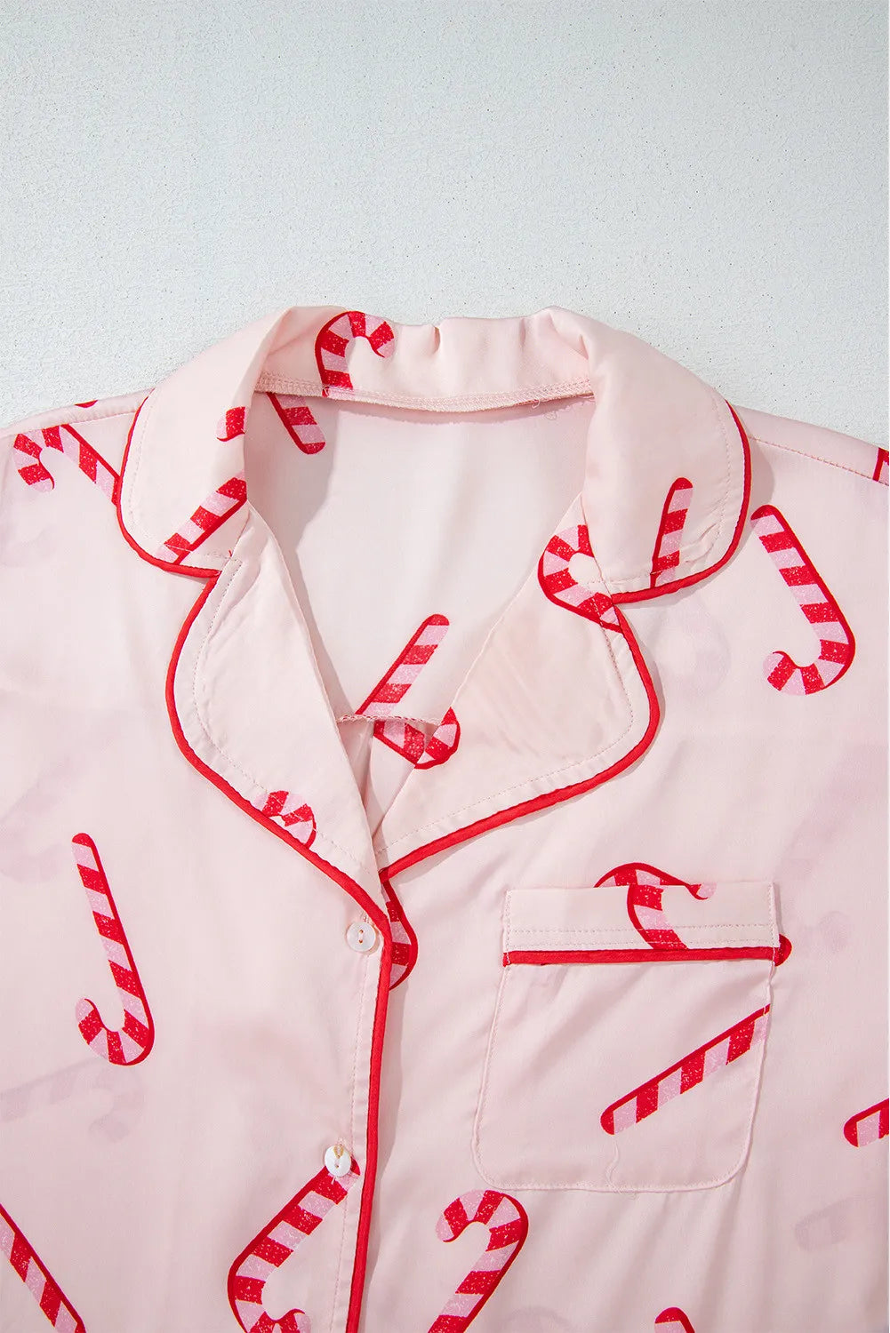 Candy Cane Collared Neck Long Sleeve Top and Shorts Lounge Set - Ladyez