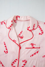 Candy Cane Collared Neck Long Sleeve Top and Shorts Lounge Set - Ladyez