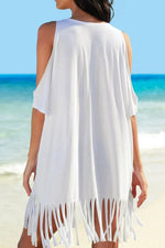Fringe V-Neck Cold Shoulder Cover Up - Ladyez