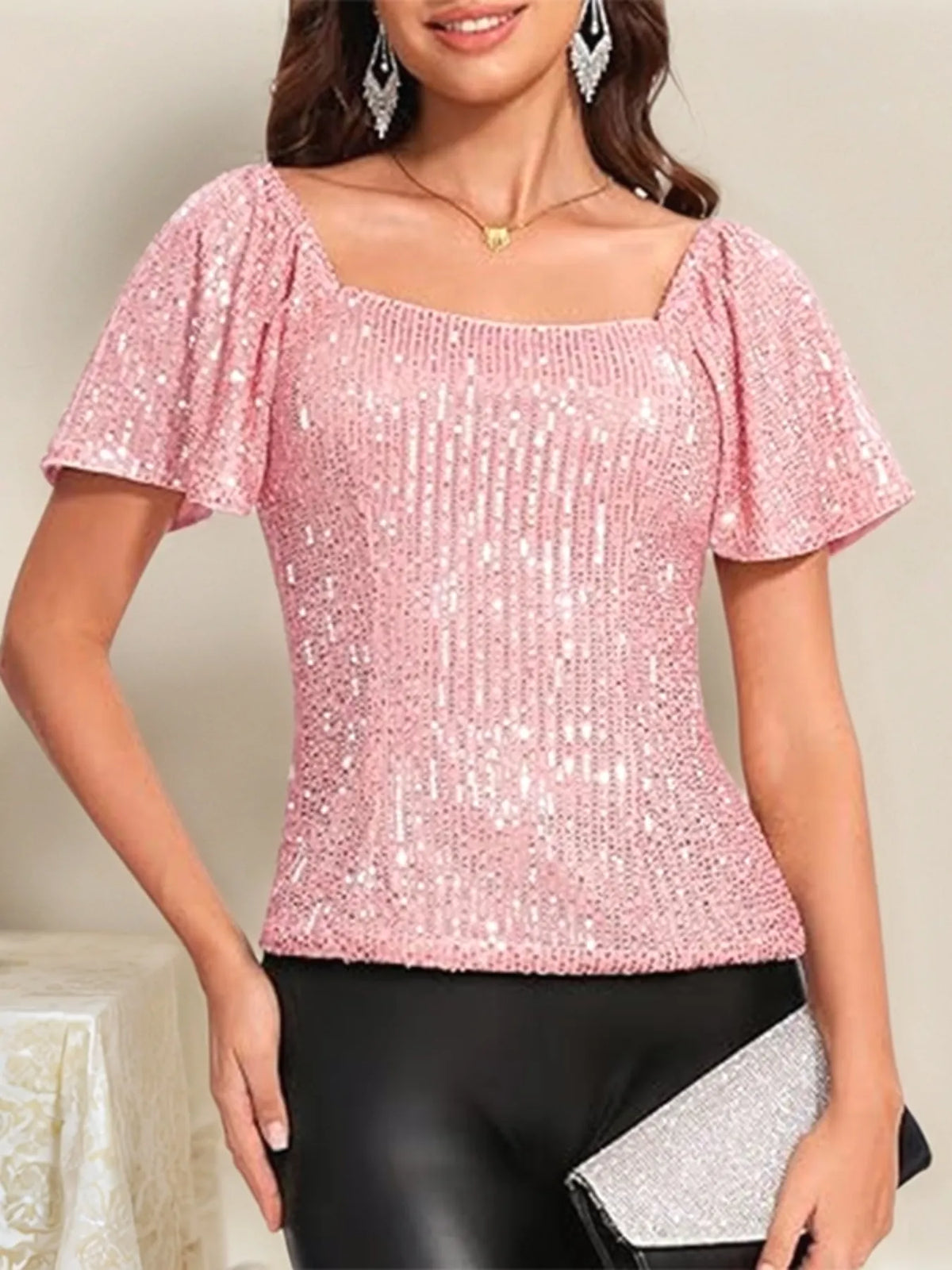Square Neck Sequin Short Sleeve Blouse - Ladyez