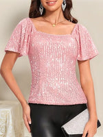 Square Neck Sequin Short Sleeve Blouse - Ladyez