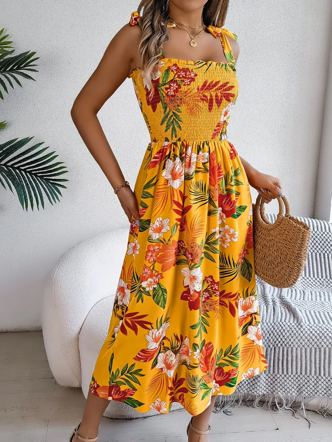 Smocked Floral Tie Shoulder Midi Dress - Ladyez