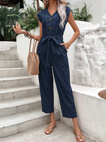 Button-Front Tie Waist Jumpsuit