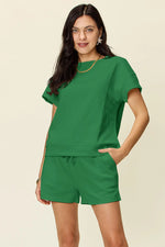 Double Take Full Size Texture Short Sleeve T-Shirt and Drawstring Shorts Set - Ladyez