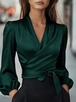 Satin Tied Balloon Sleeve Blouse